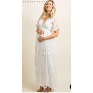 NWT PinkBlush White Lace Mesh Overlay Maternity Maxi Dress SZ L
